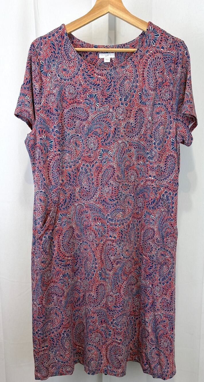 J. JILL Paisley Print Shift Dress Short Sleeve Pockets Knee Length Coral Blue L